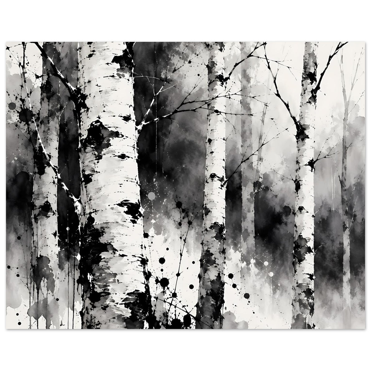 Monochromes Birkenwald-Kunstposter im Querformat, schwarz-weiß mit Baumstämmen und Sprühflecken
