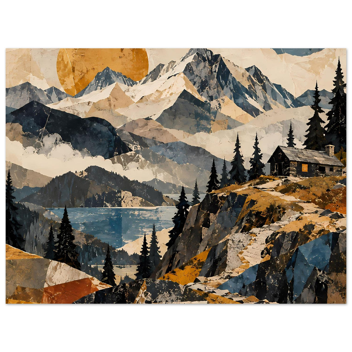 Naturposter mit Berggrat, See im Tal, Tannenwald und Berghütte, warm akzentuierte Felsen