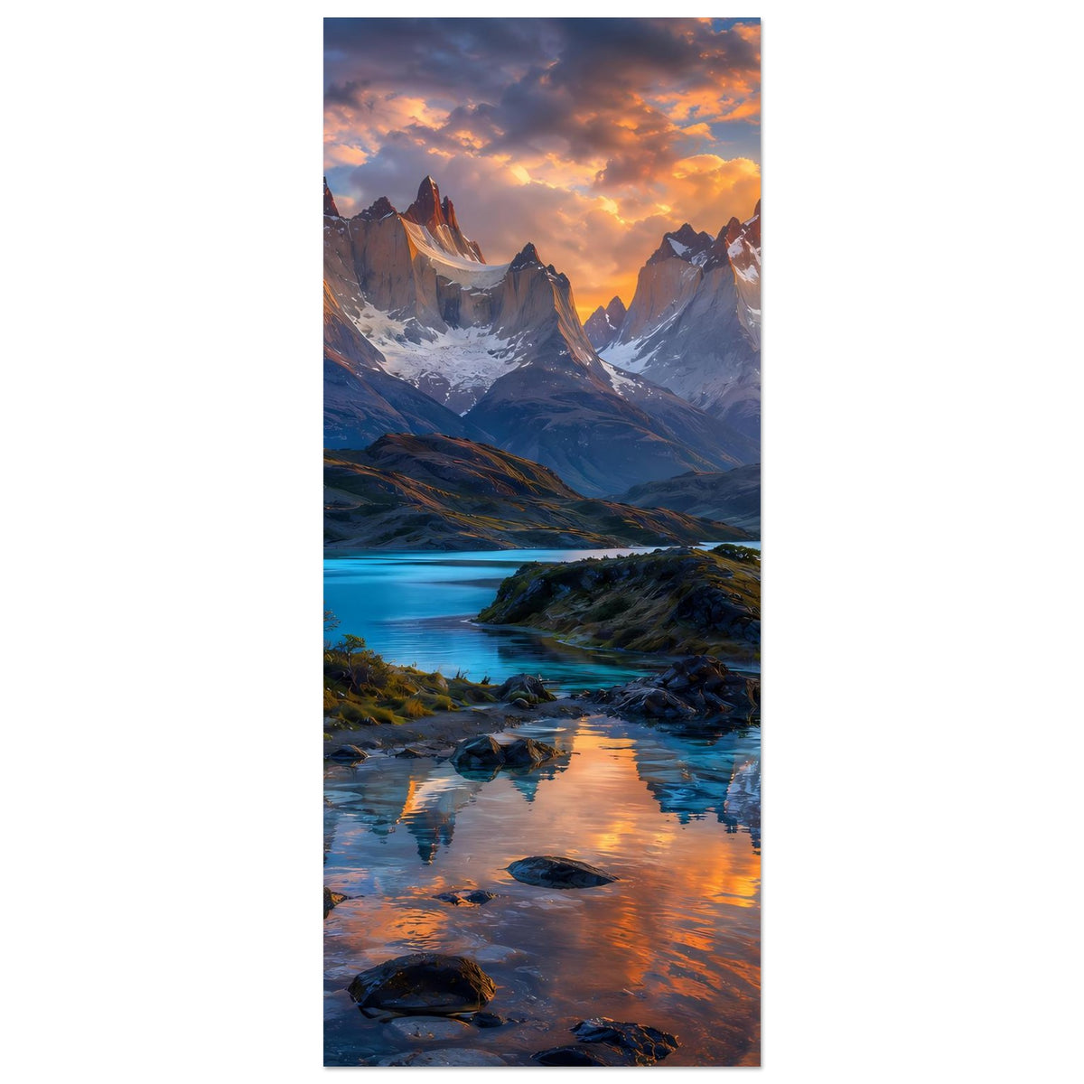 Poster im Hochformat mit Berglandschaft bei Sonnenuntergang und Fluss mit Spiegelungen