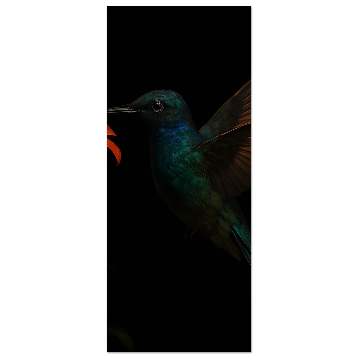 Hochformatiges Kunstposter im Ausschnitt: blaugrüner Kolibri mit orangefarbener Lilie