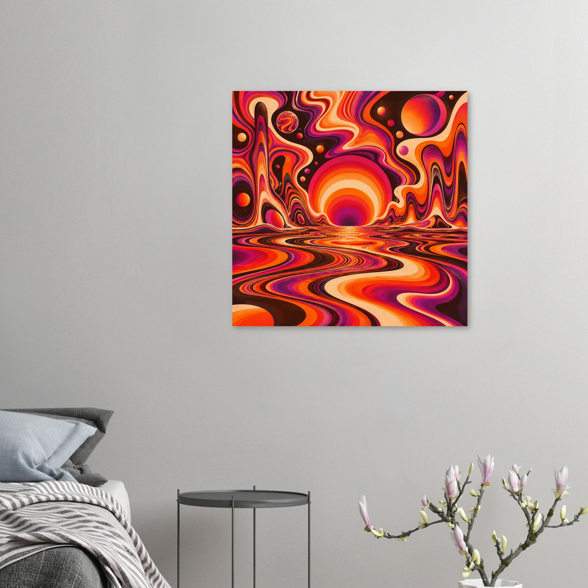 Kleines Wand-Poster im Quadratformat mit orangen und violetten Wirbelmustern, Kreis-Sonne