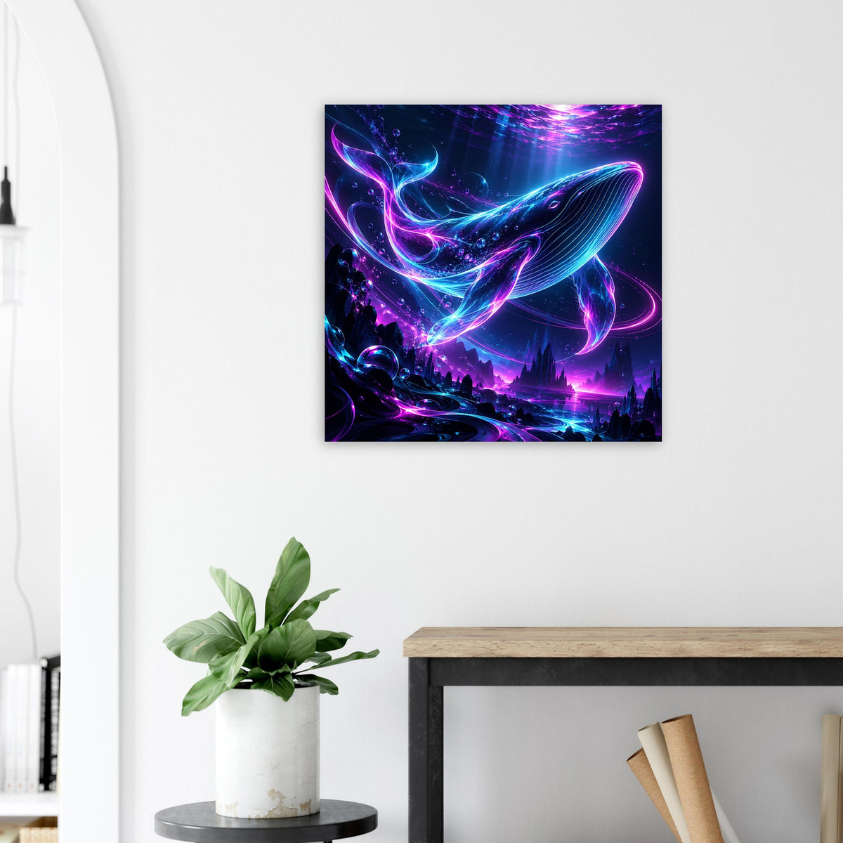 Quadratisches Poster mit Neon-Wal in Blau und Pink, abstrakte Unterwasserlichter, schwarz gerahmt
