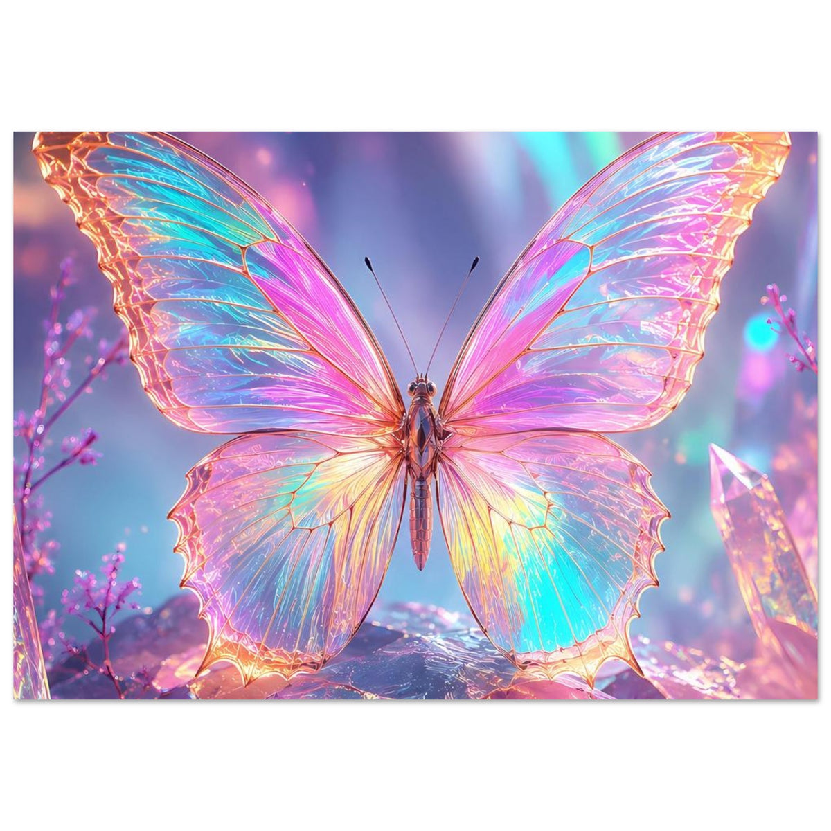 Fantasy-Poster: leuchtender Schmetterling zwischen Kristallen, Regenbogen-Schillereffekt
