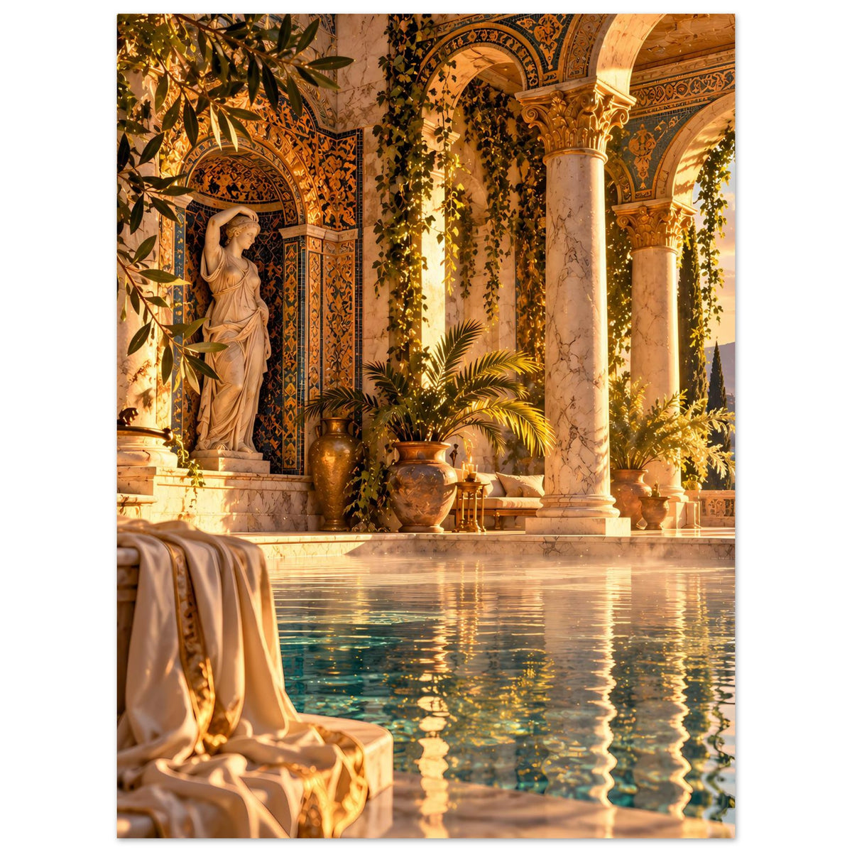 Mediterranes Poolposter mit goldenen Säulen, Statue in der Nische und Wasserreflexion