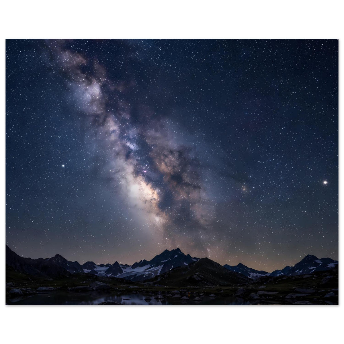 Poster mit Milchstraße über Alpenbergen, sternenklarem Himmel und dunklem See