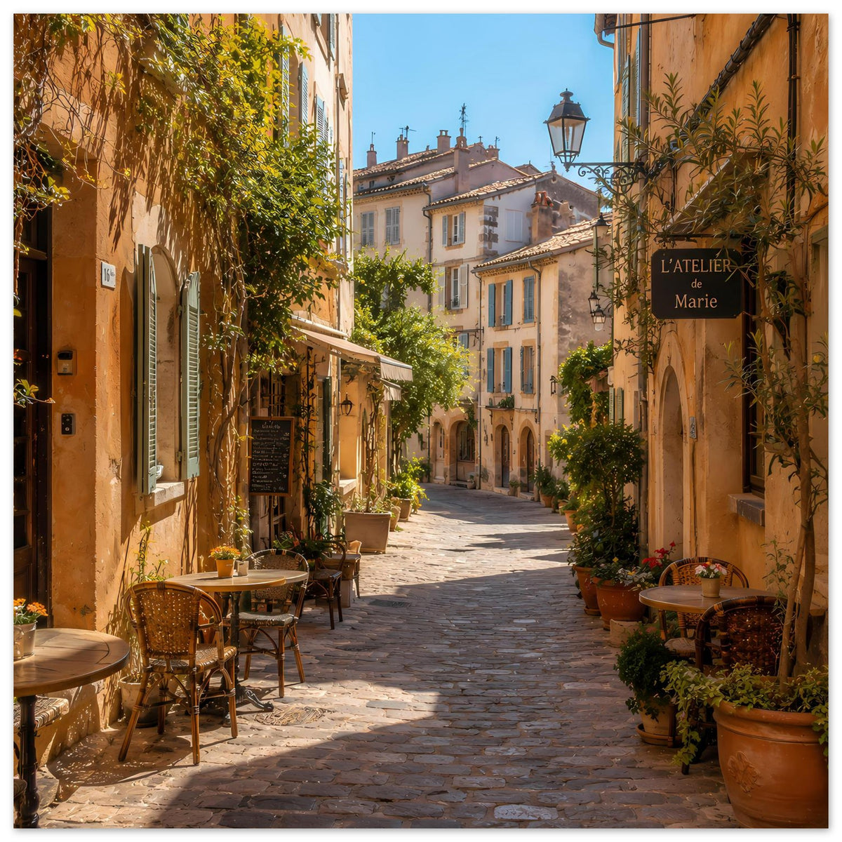 Poster mit mediterraner Altstadtgasse, Cafétischen, Pflanzen und sonnigen Fassaden.