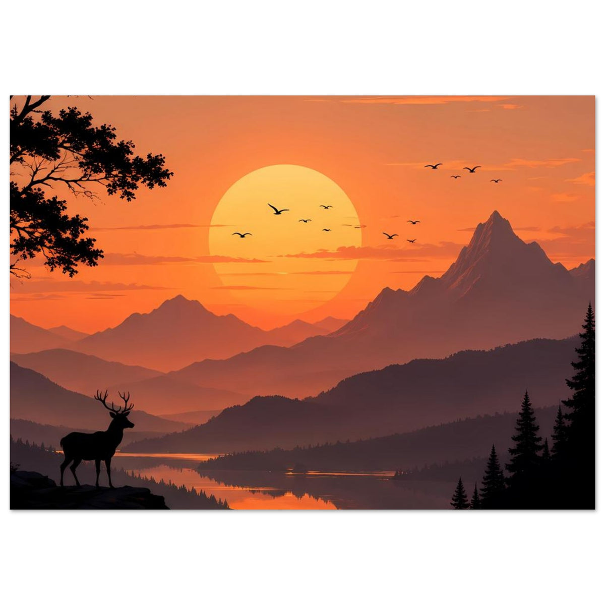 Poster mit Berglandschaft, Hirschsilhouette, See, großer goldener Sonne und fliegenden Vögeln.