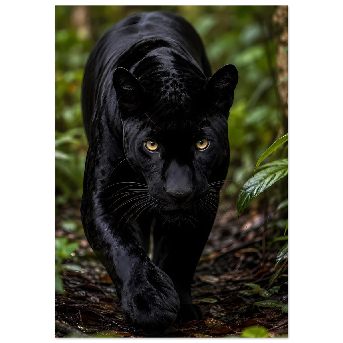Poster mit schwarzem Panther im Wald, Vorderkörper im Fokus, gelbe Augen