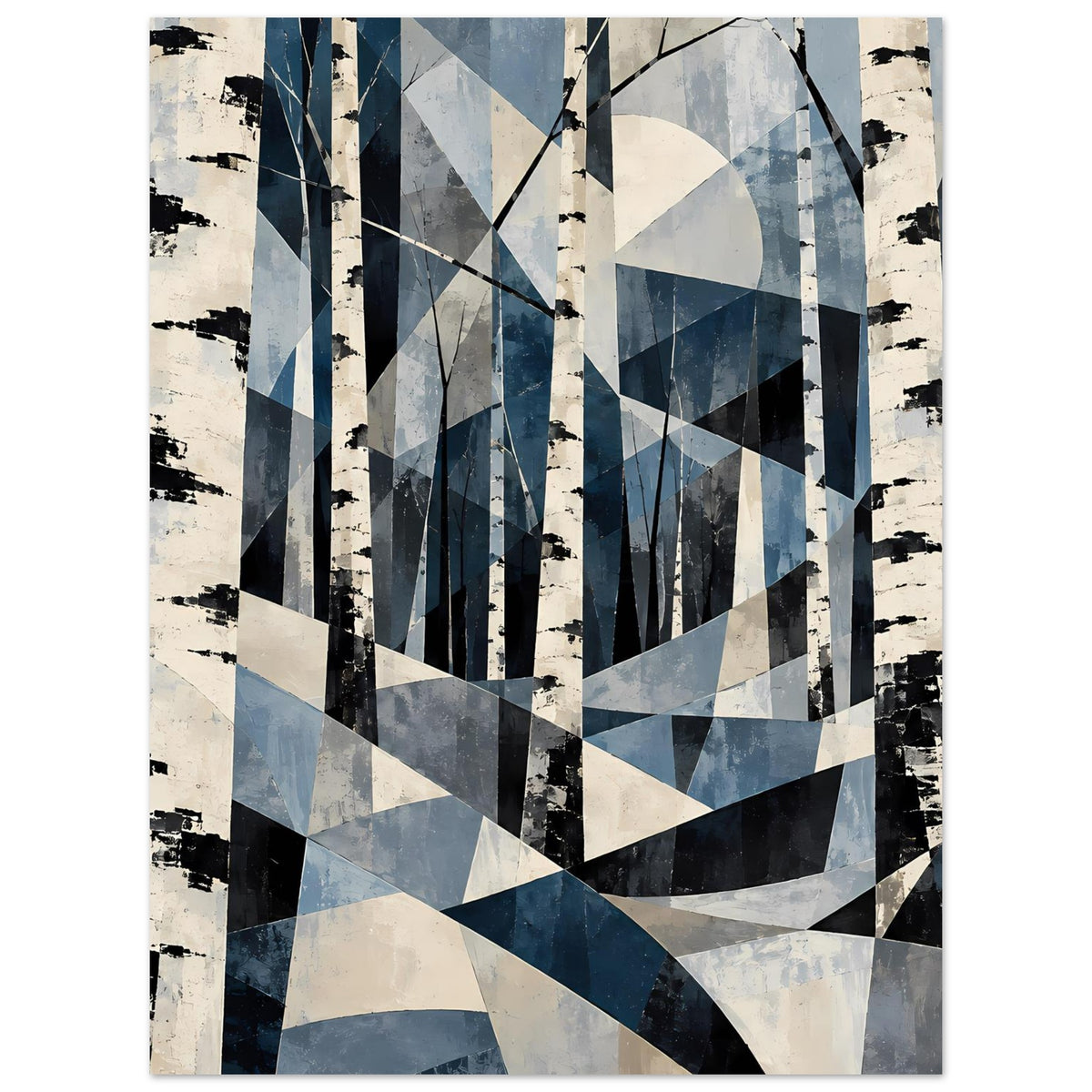 Abstraktes Poster mit diagonalen Farbformen im Birkenwald-Stil in Blau und Weiß