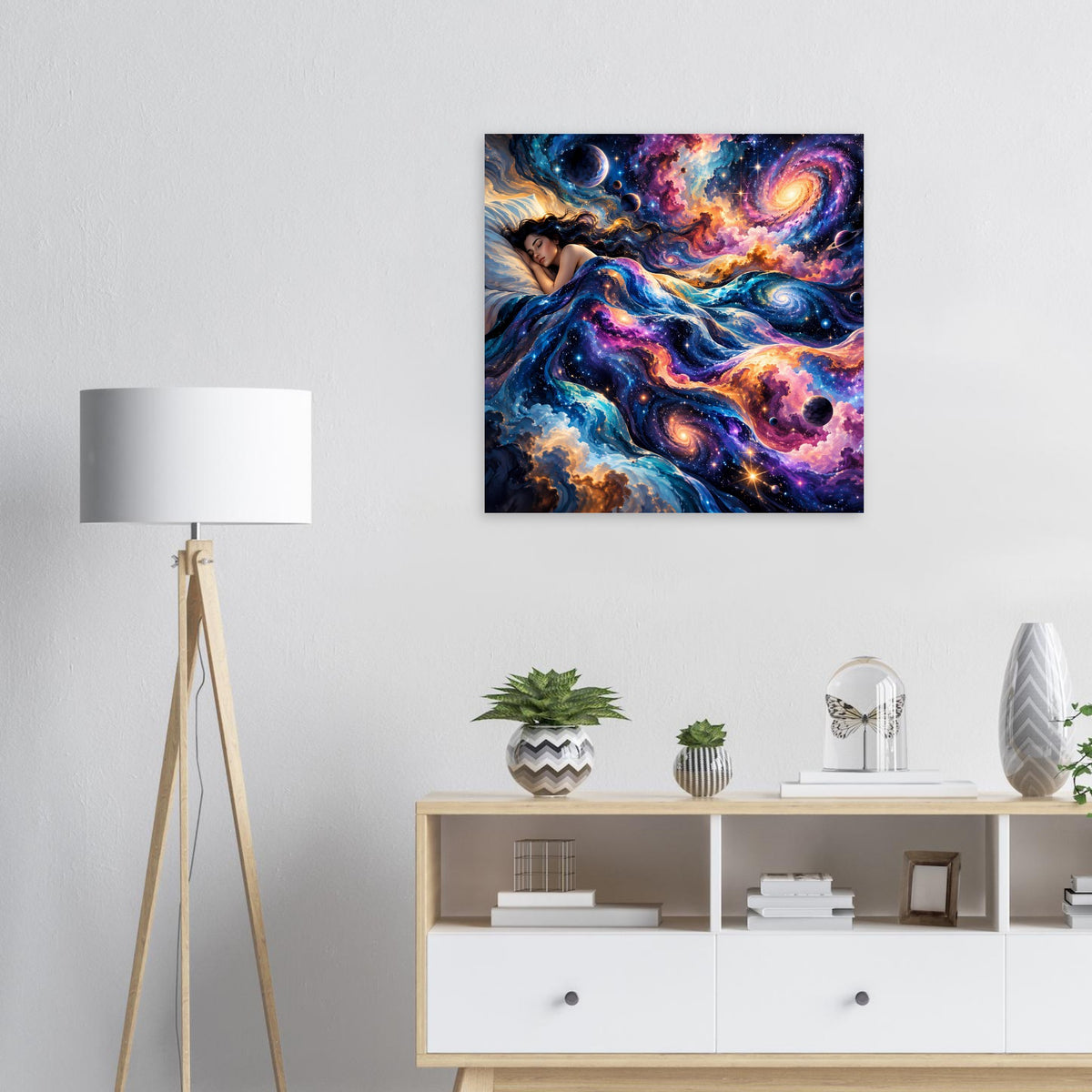Quadratisches Galaxieposter mit leuchtendem Blau-, Lila- und Orangemotiv, Sternnebel.