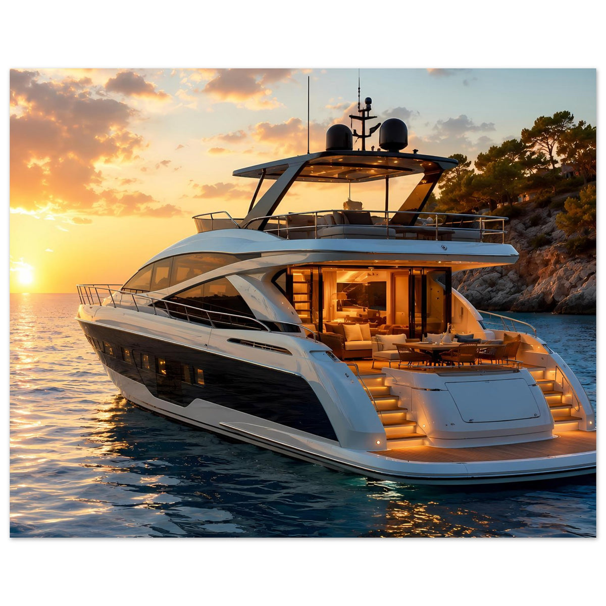 Hochkant-Yachtposter mit Luxusjacht bei Sonnenuntergang, Seitenansicht und Decklicht