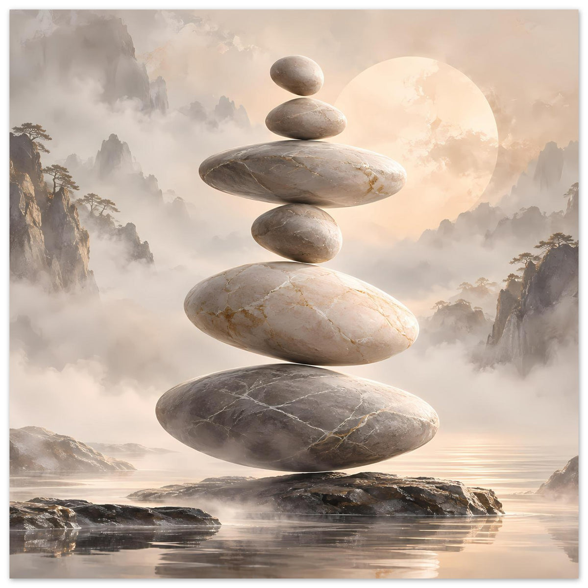 Zen-Steine in Balance vor nebligem Hintergrund in sanften Beige- und Grautönen – Posteransicht 22