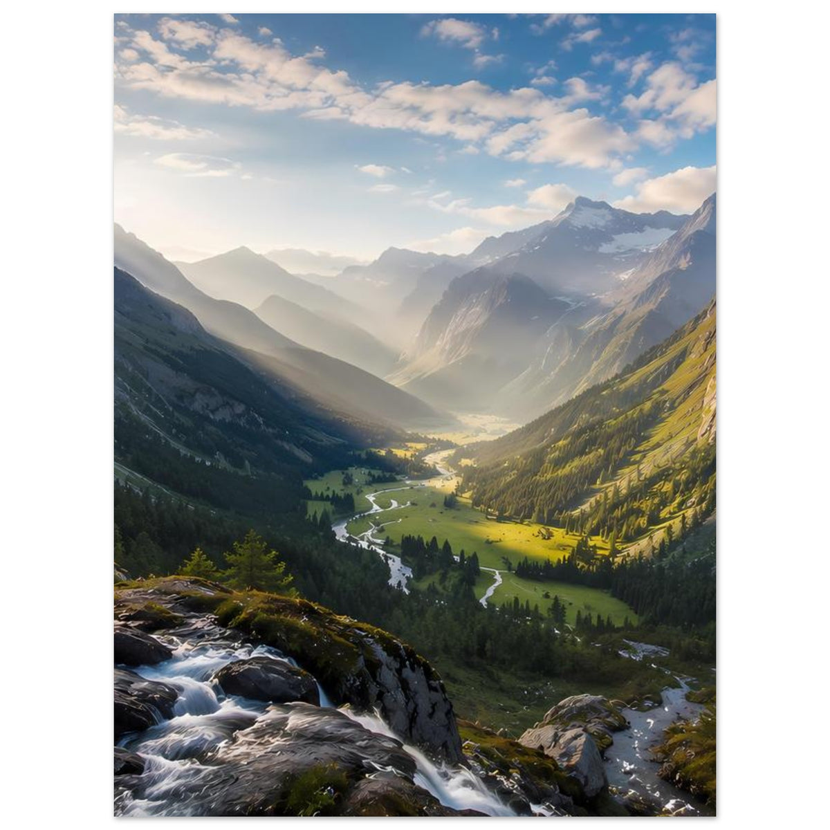 Poster mit Bergtal und Bach: Felsstrom unten, grüne Täler und sonniges Talzentrum