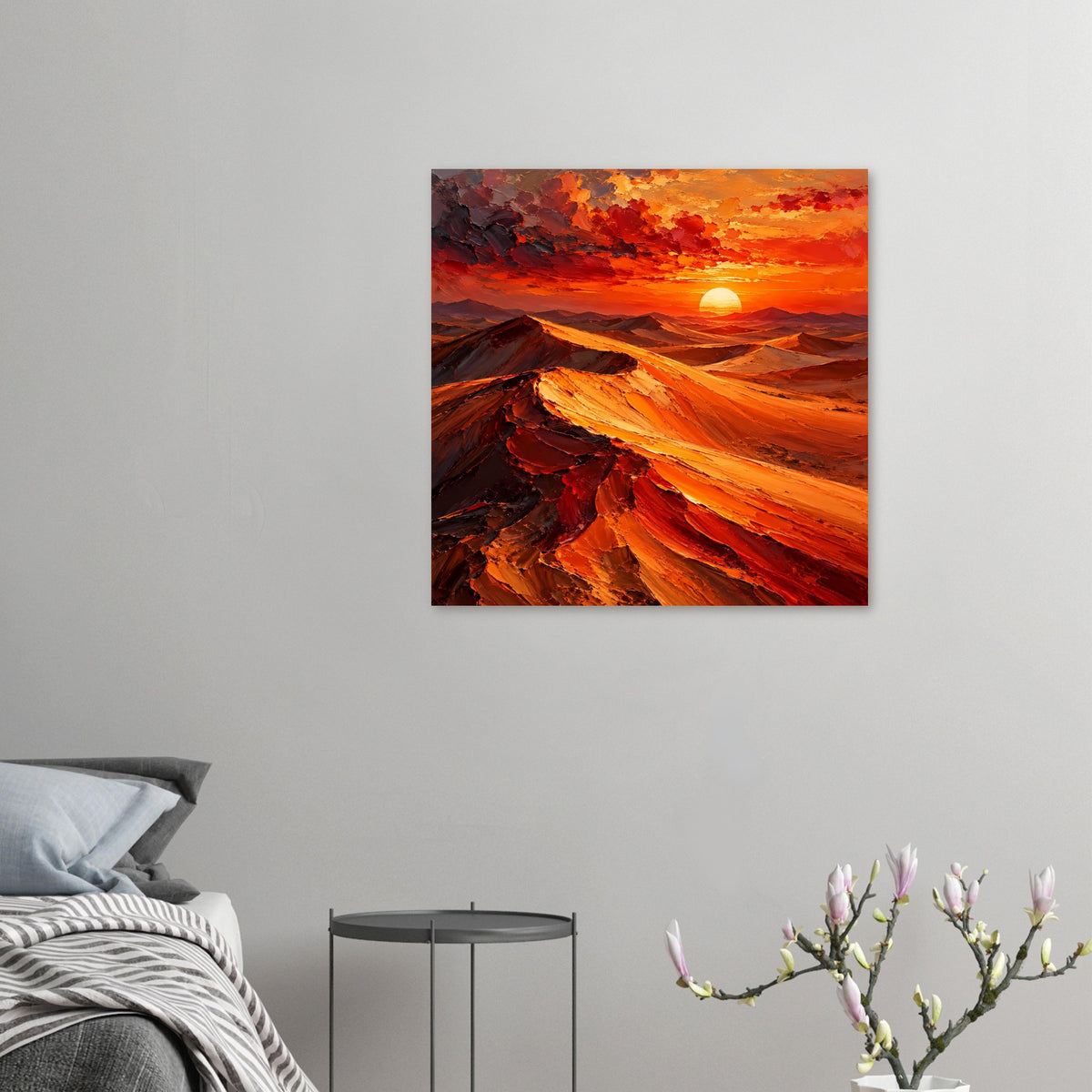Kleines Poster mit Wüstenlandschaft: orange Sonne über Dünen, rote und orange Farbstreifen