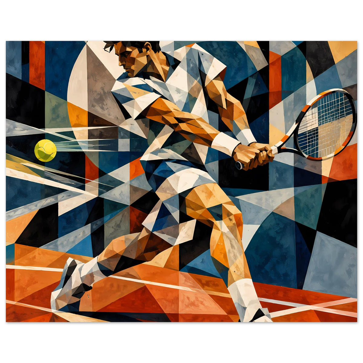 Kunstposter mit abstraktem Tennisspieler, Schläger und gelbem Ball, geometrisches Muster