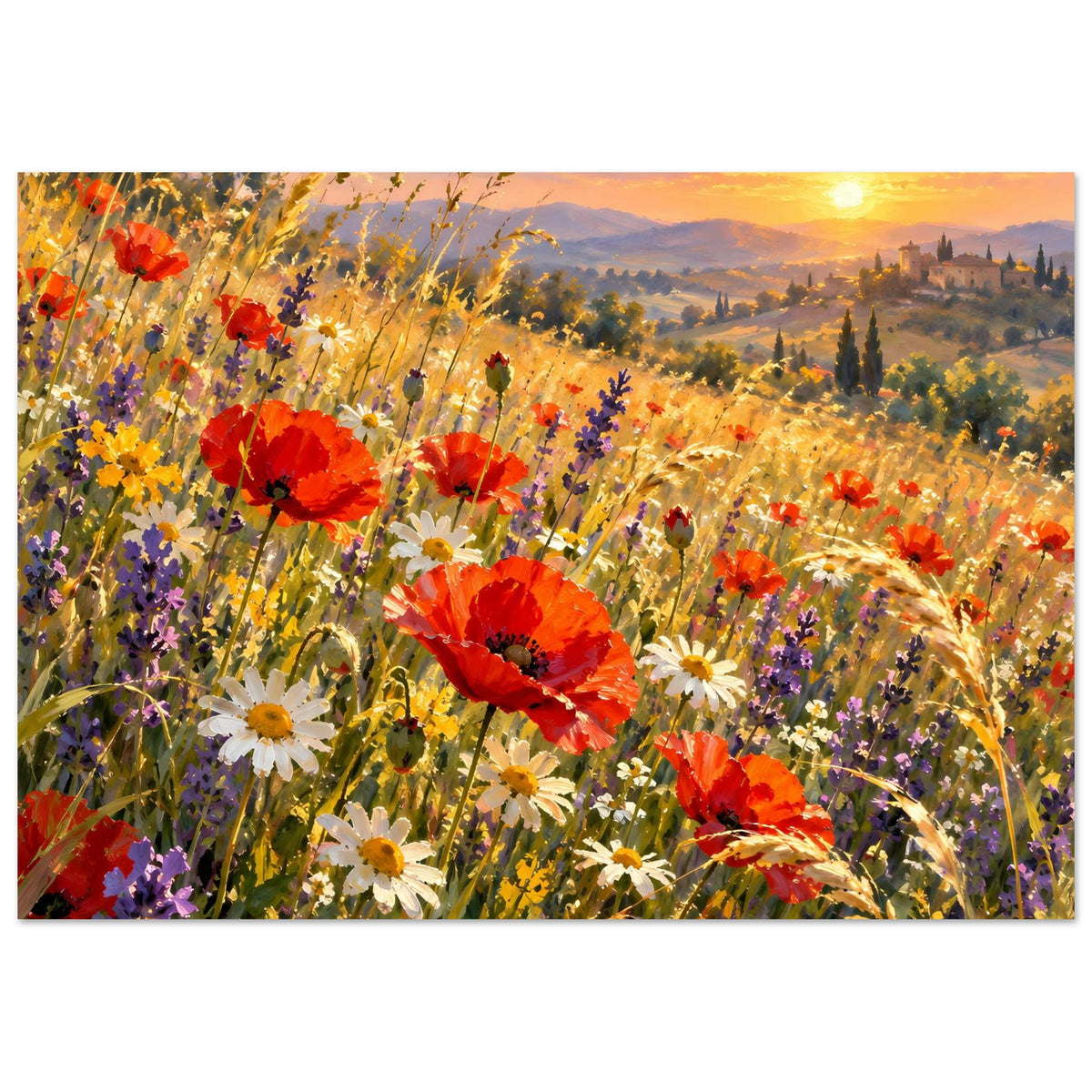 Wildblumenposter mit roten Mohnblumen, weißen Gänseblümchen und gelben Gräsern bei Sonnenuntergang.