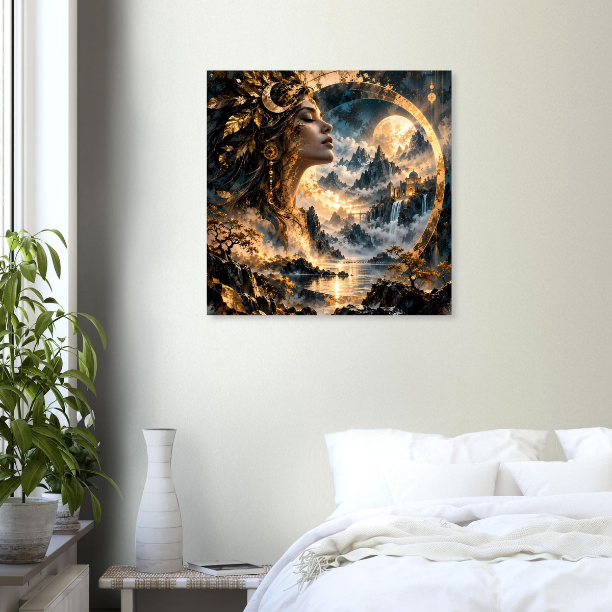 Quadratisches Wandposter mit Göttinprofil, Mondkreis und Gebirgslandschaft im goldblauen Licht