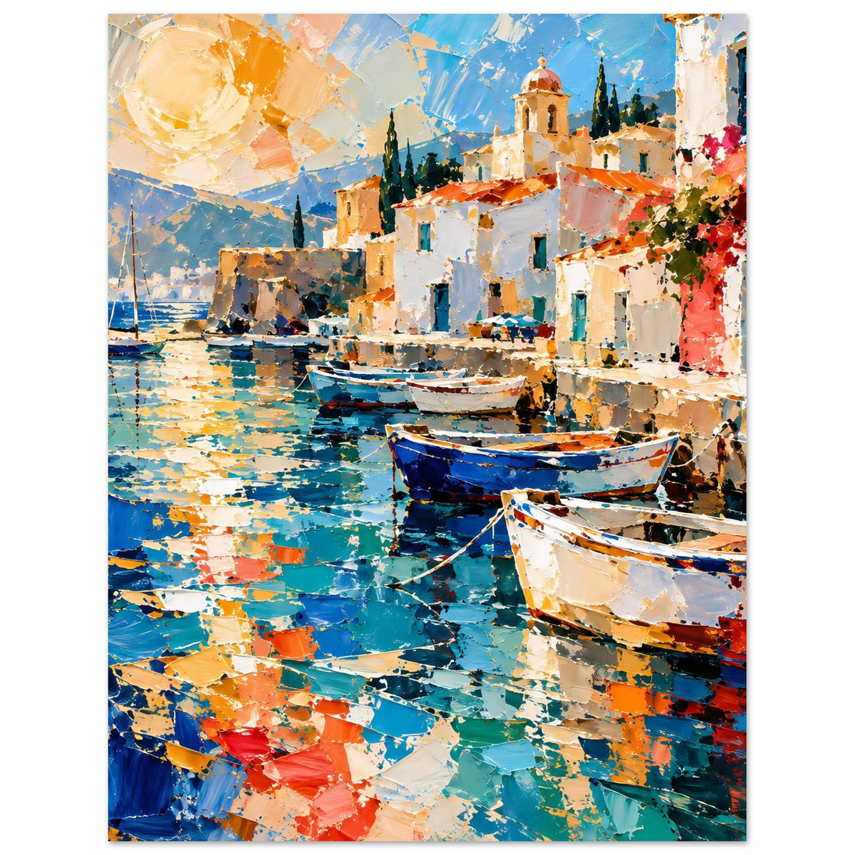 Bunte Fischerboote auf blauem Wasser im mediterranen Hafen – Posteransicht 6
