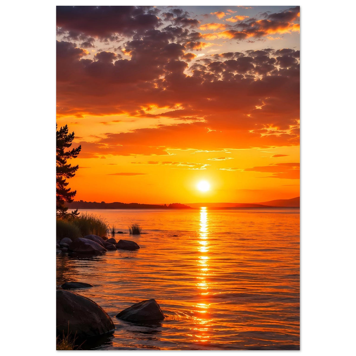 Hochformat-Poster mit Sonnenuntergang über Wasser: leuchtende Sonne, Wolken, Felsen am Ufer.