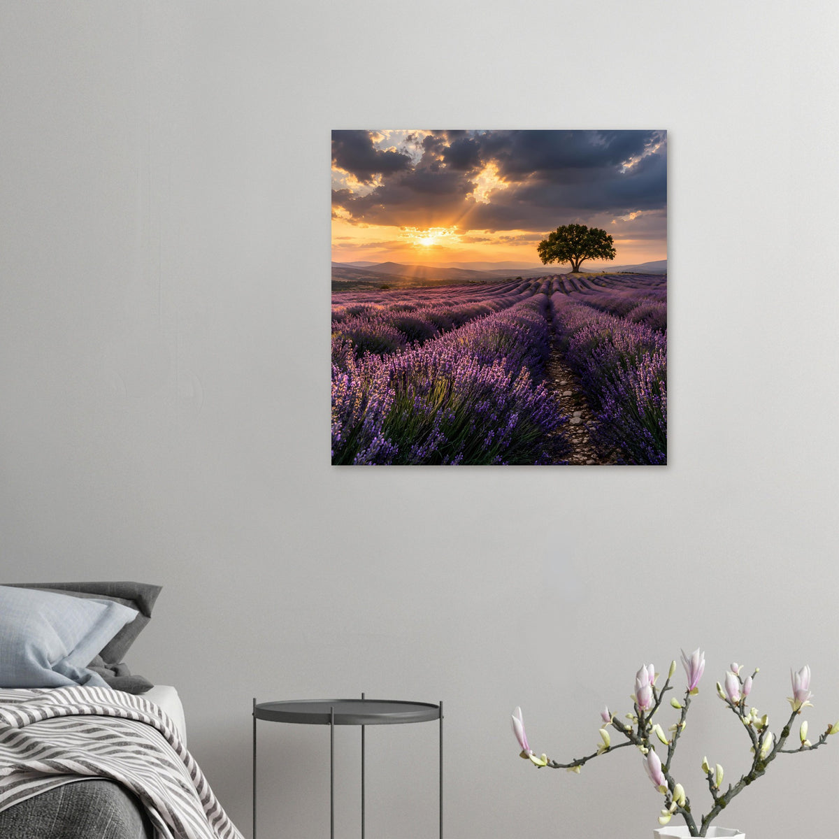 Quadratisches Poster: Lavendelfeld, Pfad und ein Baum bei Sonnenuntergang