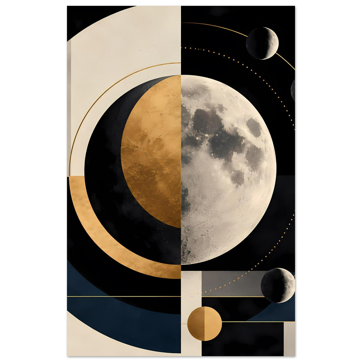 Abstrakter Mond-Kunstdruck mit großem Kreis, goldener Halbmondform, dunklem Hintergrund und Kugel-Monden