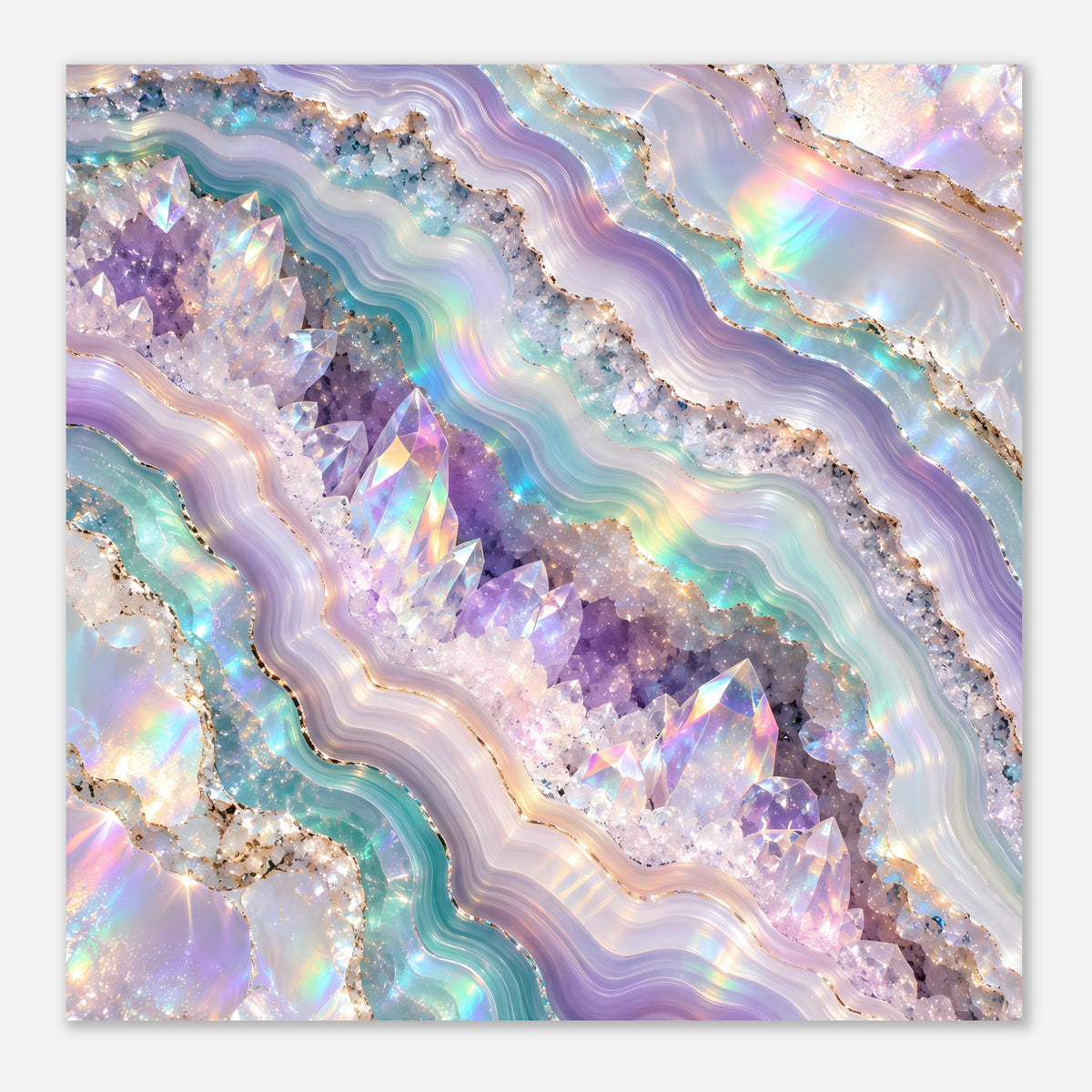 Holografisches Kristall-Geode-Poster, quadratisches Motiv mit pastellfarbenen Bändern und Glitzer