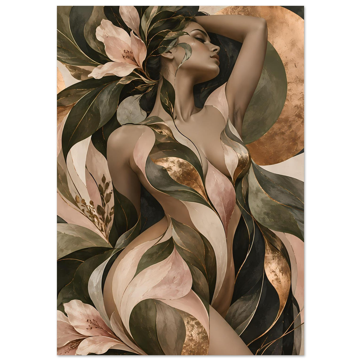 Vertikales Poster: Aktfrau mit Blättern und floralen Formen in warmen Erdtönen.