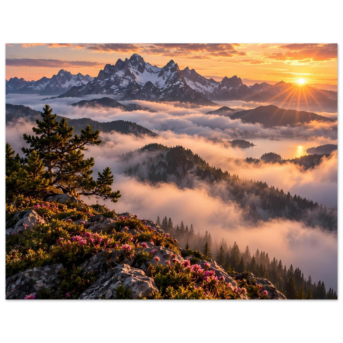 Horizontales Wandposter mit Berggipfeln im Sonnenaufgang, Tannen und Wolkenmeer