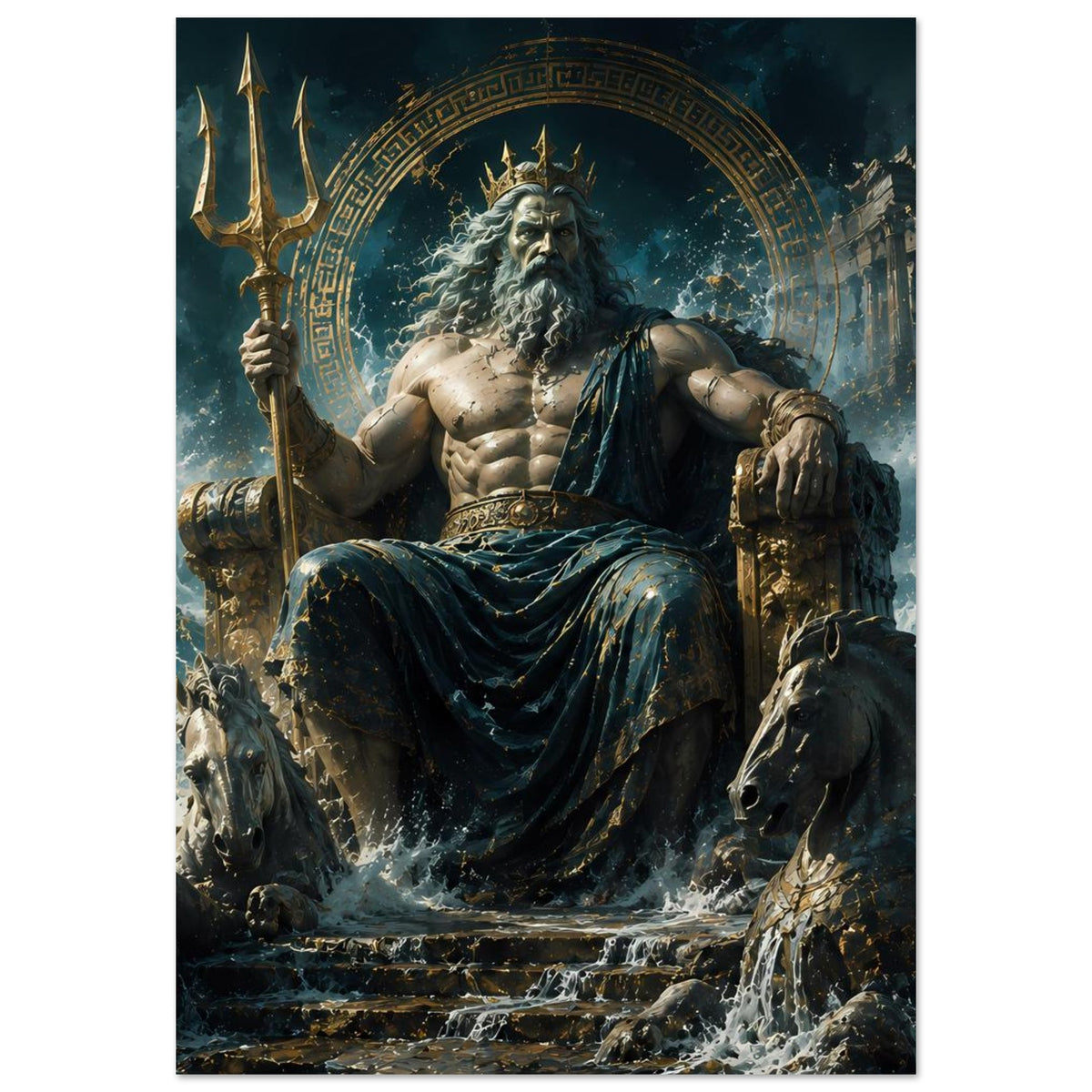 Poster mit Poseidon auf Thron, Dreizack, Meerwellen und zwei Pferden