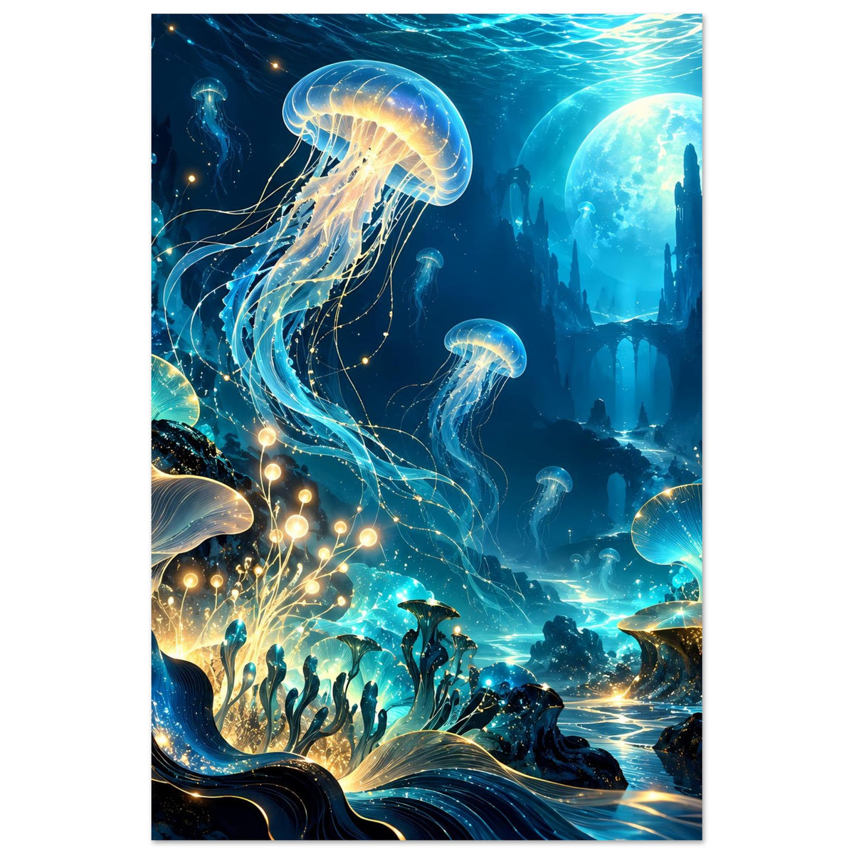 Unterwasserwelt-Poster (hochkant) mit leuchtender Qualle, Korallen und goldenen Lichtketten