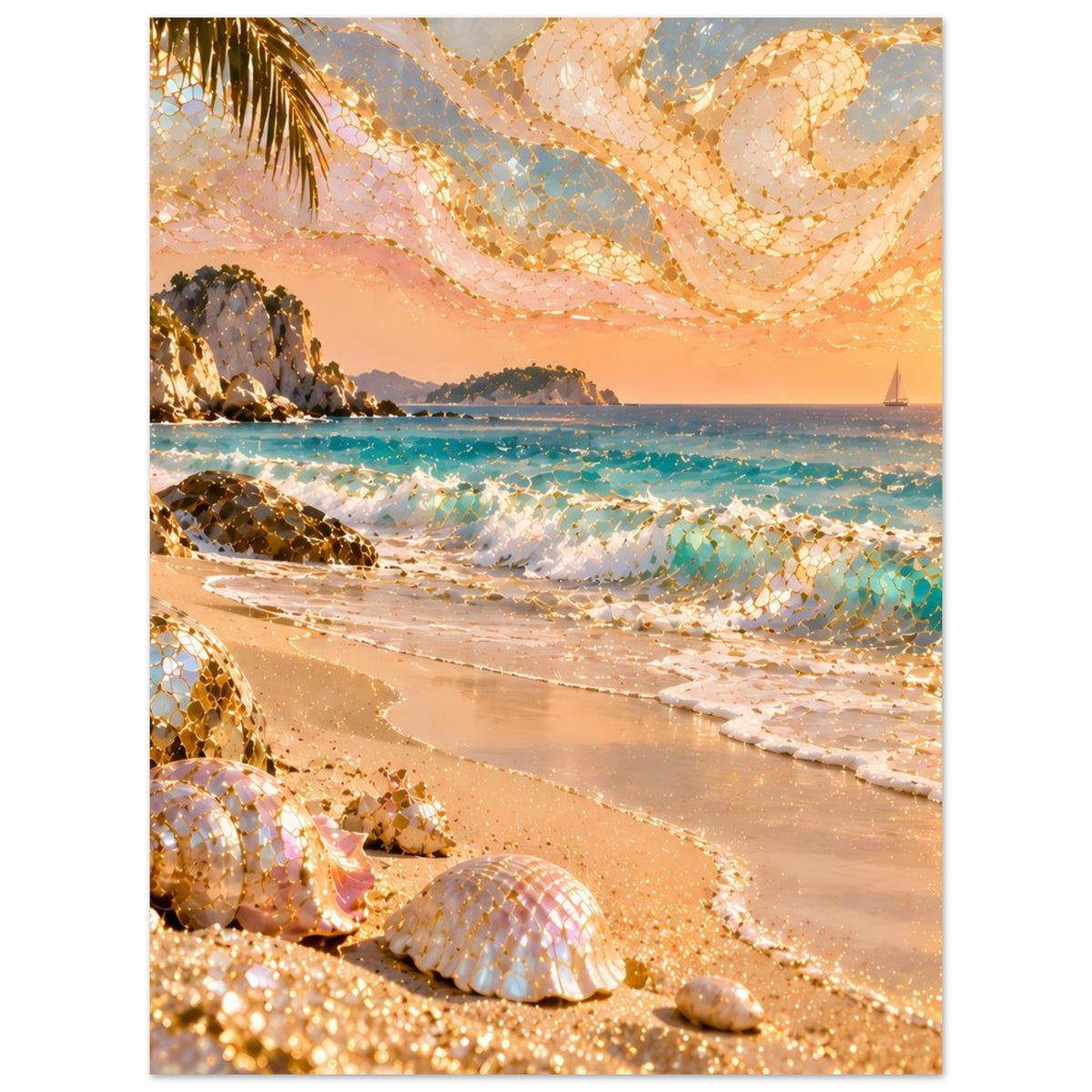 Vertikales Poster mit Sonnenuntergang am Meer, türkisfarbenen Wellen und Muscheln