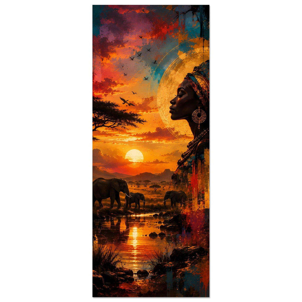 Poster mit afrikanischer Frau im Profil und Elefanten bei Sonnenuntergang, im Kunststil