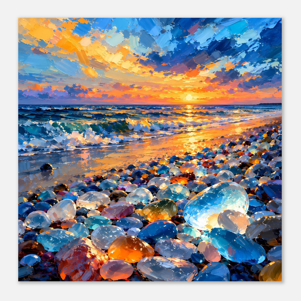 Quadratisches Poster: Sonnenuntergang am Strand, viele farbige Steine und Wasserreflexe