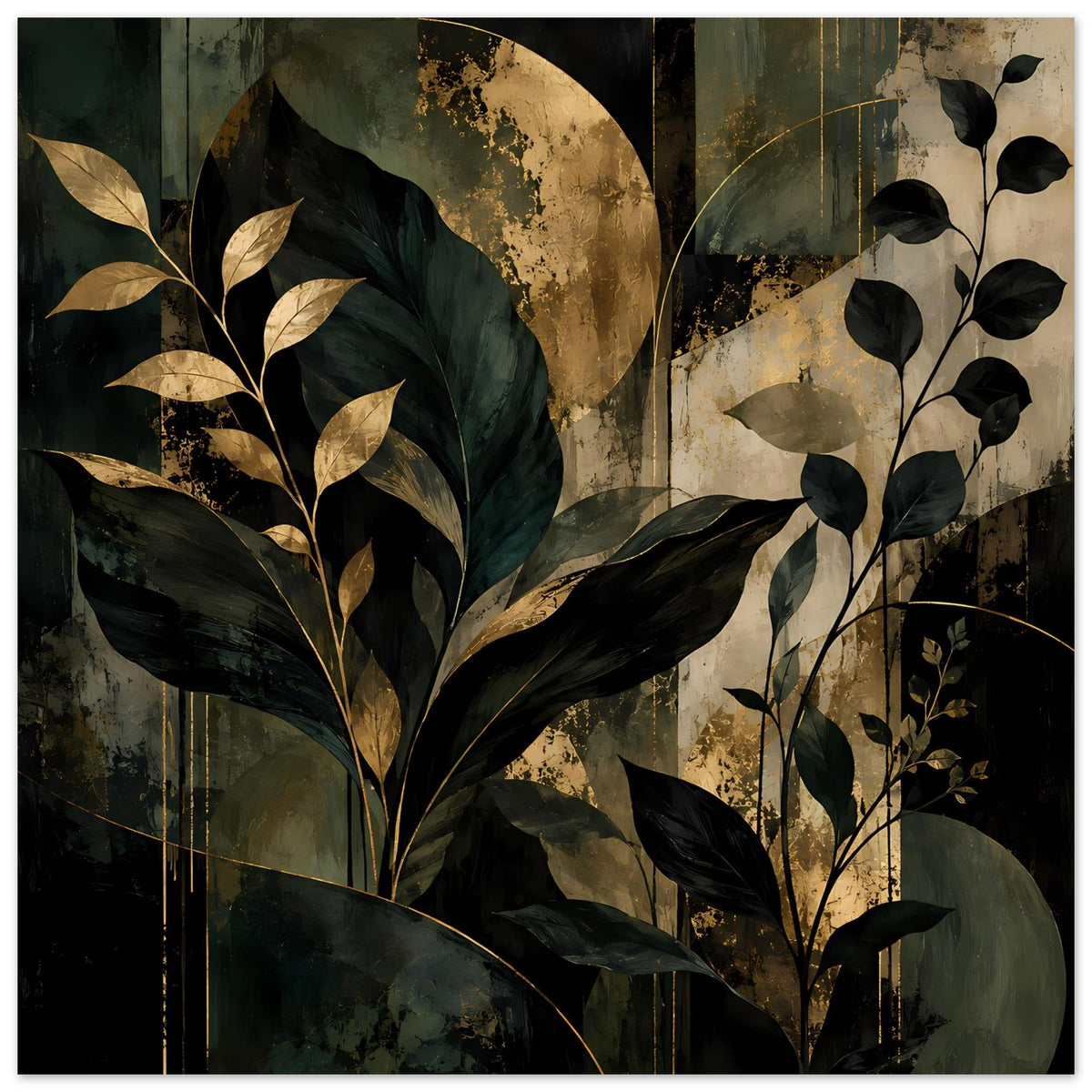 Kunstposter mit botanischer Illustration: dunkelgrüne und goldene Blätter, abstrakte Stiele