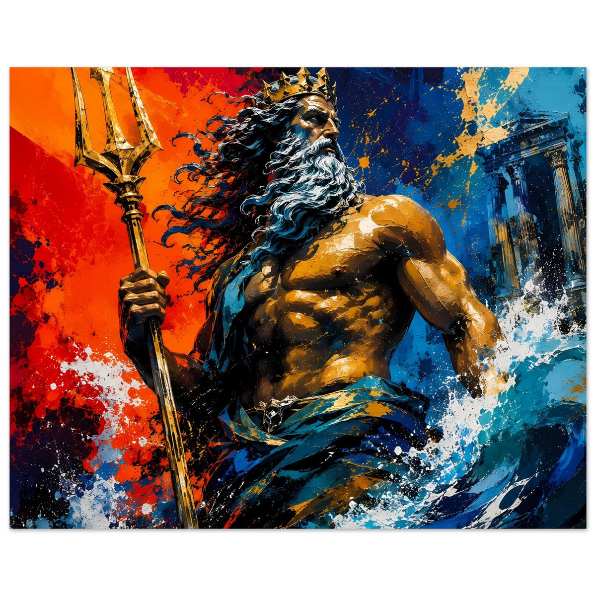 Horizontales Neptun-Poster mit muskulöser Figur, Dreizack, blaue Wasserwirbel und Rotflächen