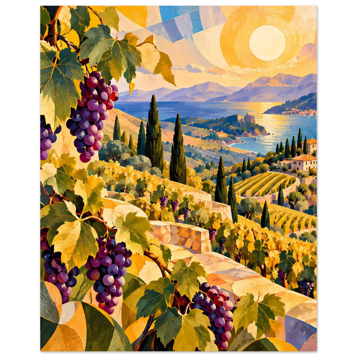 Landschaftsposter mit mediterranen Weinbergen, Weintrauben links und großer Sonne am Himmel