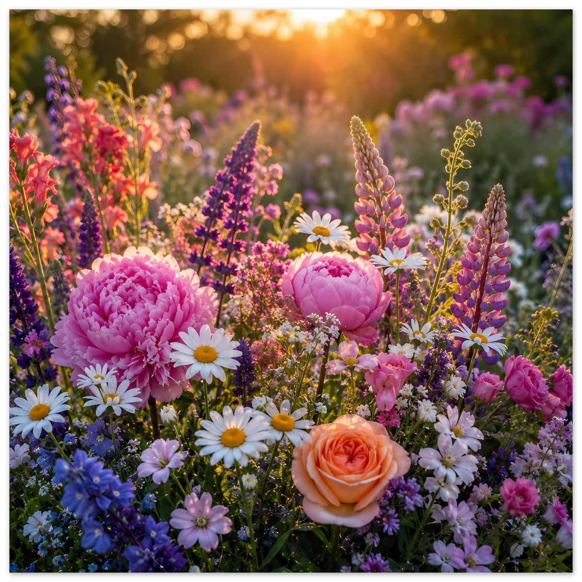 Blumenposter mit rosa Pfingstrosen, orangefarbener Rose und lila Wiesenblumen