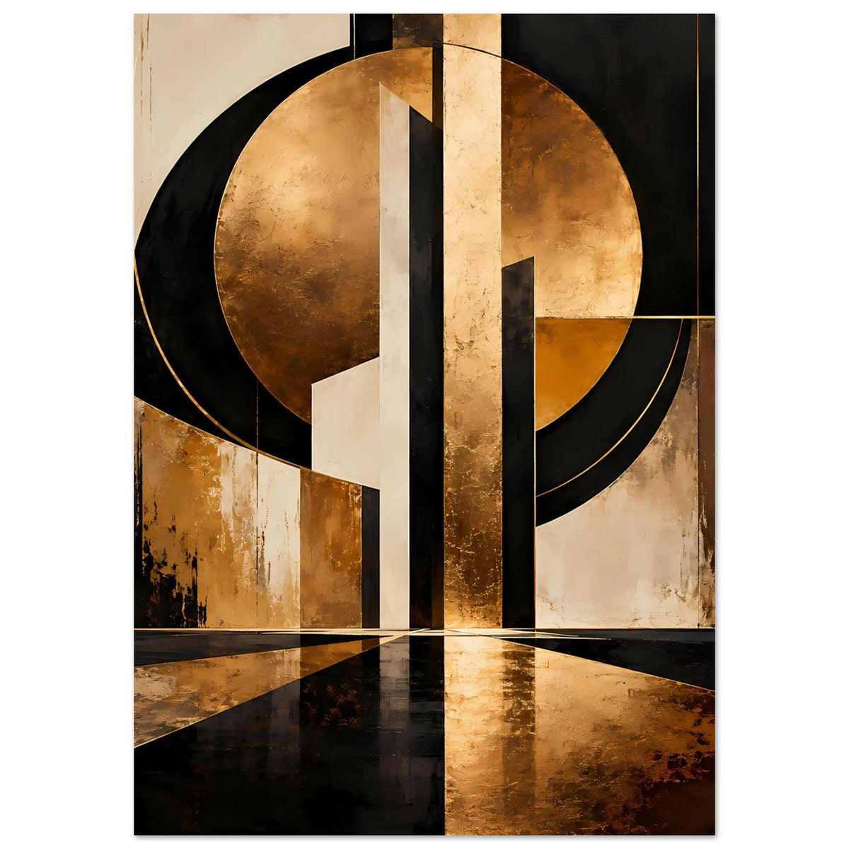 Abstraktes Art-Poster Gold und Schwarz, vertikales Motiv mit Halbkreisen und Mittelbalken