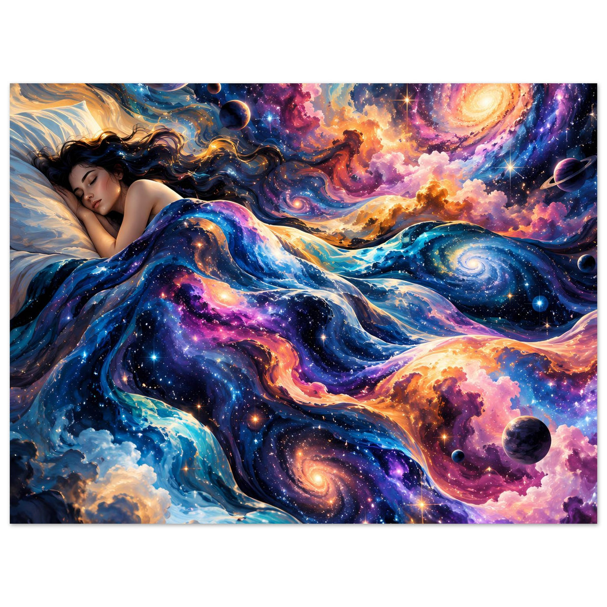 Galaxie-Wandposter im Querformat mit Frau und Sternenmeer, Planeten im Hintergrund