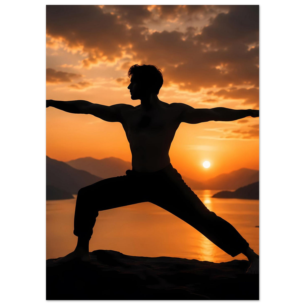 Yoga-Kriegerpose-Poster mit schwarzer Figur in entspannter Haltung vor orangefarbener Sonne