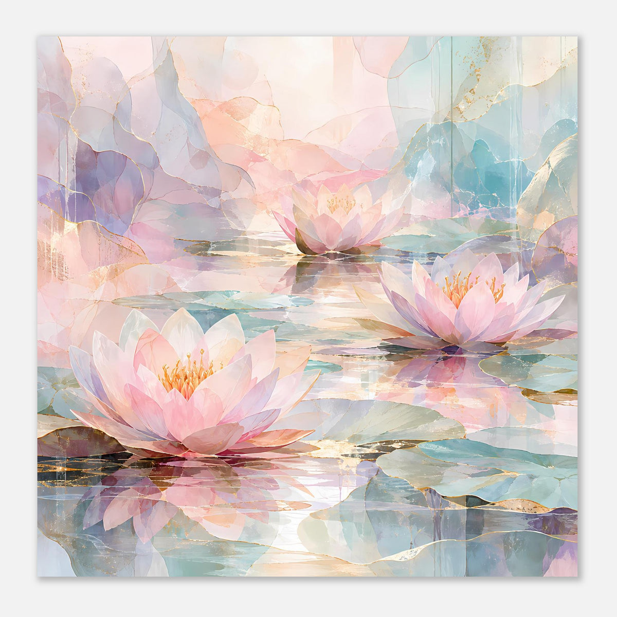Quadratisches Poster mit Seerosen auf Wasser, Pastellfarben und halbtransparente Formen