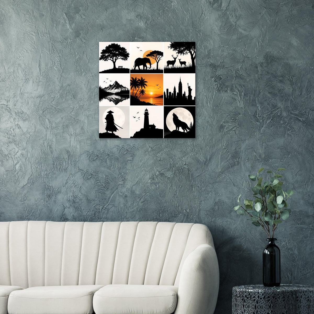 Quadratisches Poster mit 3x3 Panel-Collage: Silhouetten von Tieren, Natur und Stadt