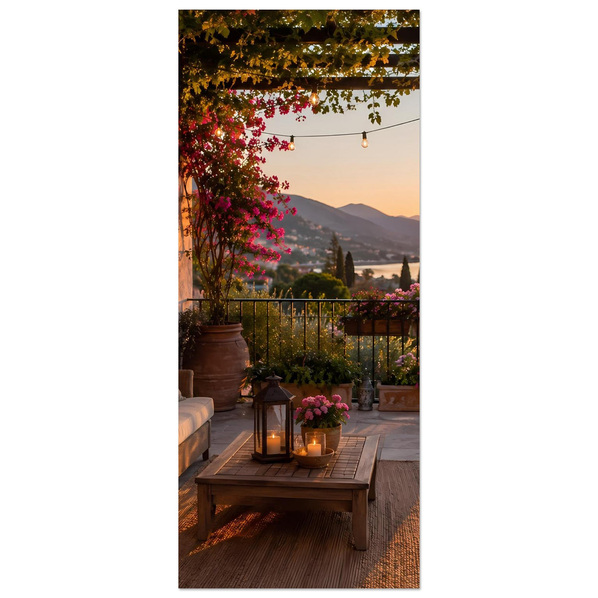 Hochformat-Poster mit Balkonmotiv: Laterne auf Couchtisch, Blumen, goldener Sonnenuntergang über Bergen
