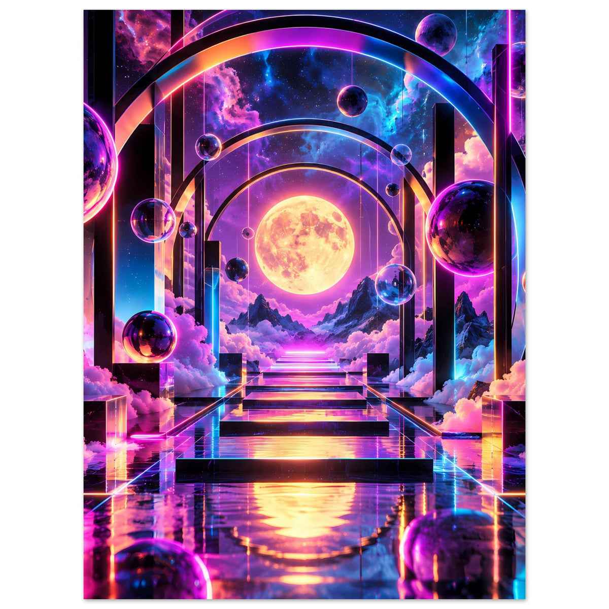 Vertikales Poster mit Neon-Galaxie: goldener Planet im Portal, Treppe, Planeten und leuchtende Bögen