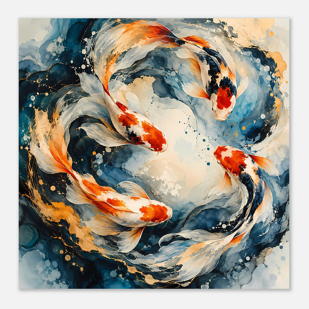 Koi-Fisch-Poster mit Wasserwirbel, Blau und Orange, nahes Spiralmotiv, horizontal