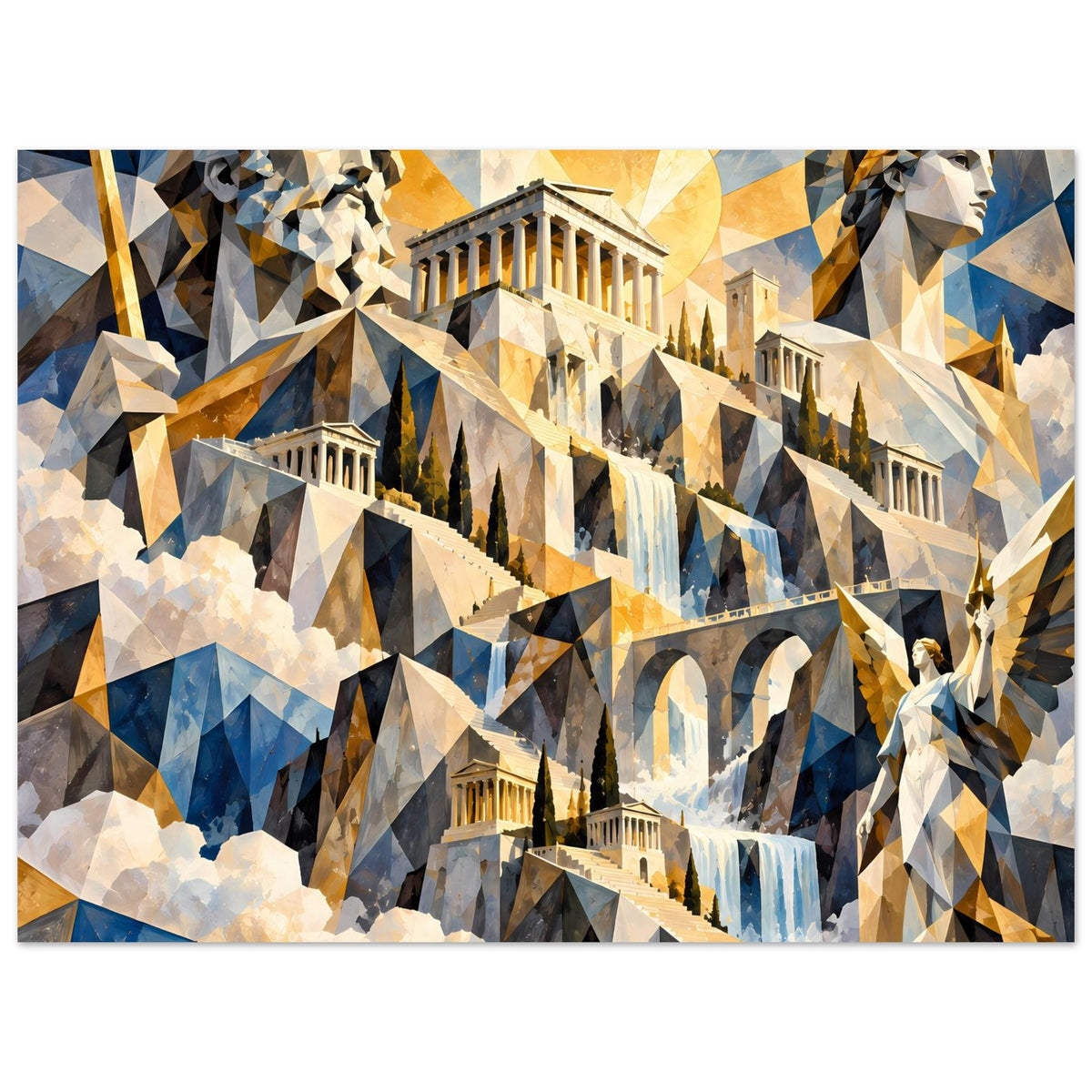 Poster mit Tempelruinen, Wasserfall und antiker Skulptur, farbige Dreiecksflächen in Blau-Gold