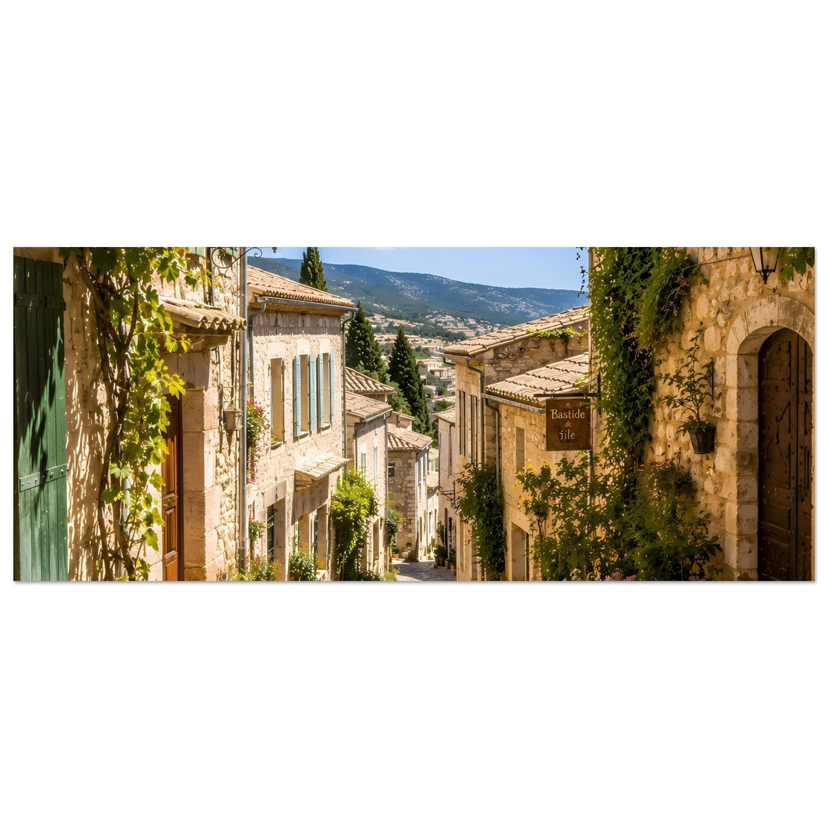 Panorama-Poster mit mediterraner Gasse, steinernen Fassaden, Pflanzen und Blick weit