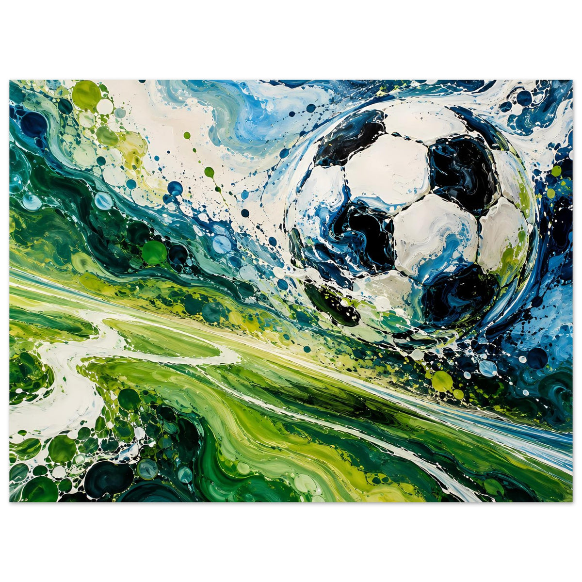 Abstractes Fußballkunstposter im Querformat, dynamische Pinselstriche und Farbspritzer