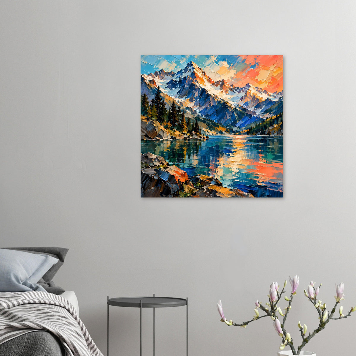 Mattes Mini-Poster: Bergsee-Landschaft mit blauen Gipfeln und orangefarbenem Himmel.