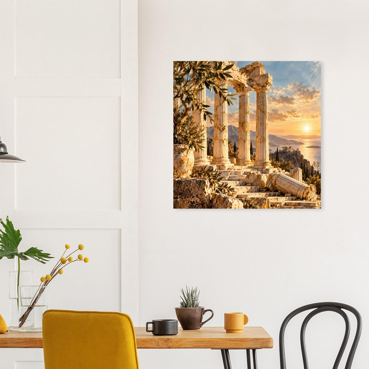 Poster mit Blick auf antike Säulenruinen und untergehende Sonne